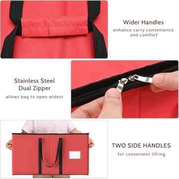 Patiobay Christmas Ornament Storage Box - Stores Up to 128 Holiday Ornaments, Christmas Storage Container with Side Pocket, Adjustable Dividers, Card Slot, Tear-Proof Fabric - Red