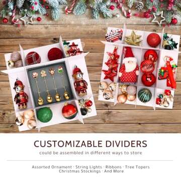 Patiobay Christmas Ornament Storage Box - Stores Up to 128 Holiday Ornaments, Christmas Storage Container with Side Pocket, Adjustable Dividers, Card Slot, Tear-Proof Fabric - Red