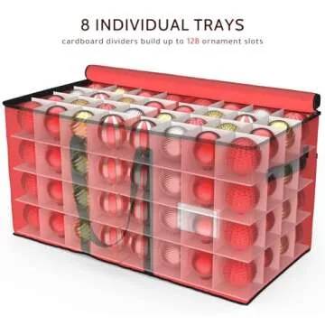 Patiobay Christmas Ornament Storage Box - Stores Up to 128 Holiday Ornaments, Christmas Storage Container with Side Pocket, Adjustable Dividers, Card Slot, Tear-Proof Fabric - Red