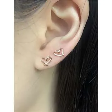 Minimalist Heart Sterling Silver Earrings for Women Girls Teens Charm Hollow Love Hearted Stud Tiny Small Cartilage Tragus Post Pin Hypoallergenic Pierced Ear Jewelry Birthday Mother's Day Gifts Rose-Gold Tone