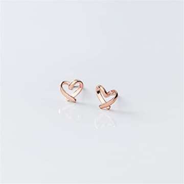 Minimalist Heart Sterling Silver Earrings for Women Girls Teens Charm Hollow Love Hearted Stud Tiny Small Cartilage Tragus Post Pin Hypoallergenic Pierced Ear Jewelry Birthday Mother's Day Gifts Rose-Gold Tone