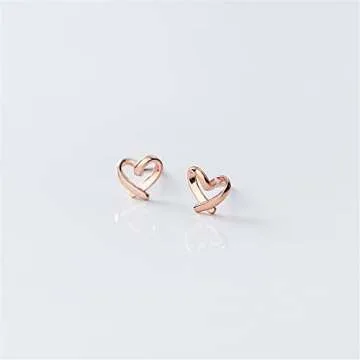 Minimalist Heart Sterling Silver Earrings for Women Girls Teens Charm Hollow Love Hearted Stud Tiny Small Cartilage Tragus Post Pin Hypoallergenic Pierced Ear Jewelry Birthday Mother's Day Gifts Rose-Gold Tone