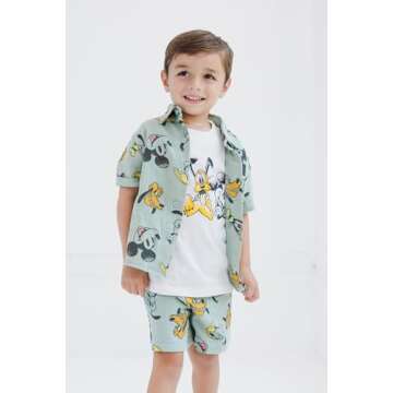 Disney Mickey Mouse Toddler Boys Cotton Gauze Button Down Shirt, T-Shirt and Shorts 3 Piece Set Gree...