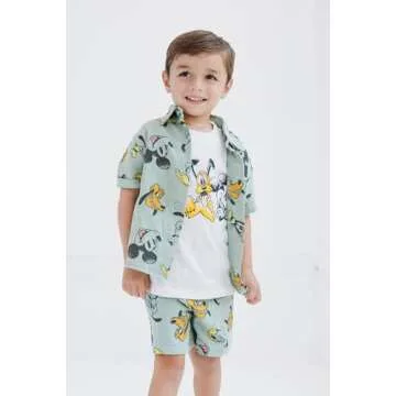 Disney Mickey Mouse Toddler Boys Cotton Gauze Button Down Shirt, T-Shirt and Shorts 3 Piece Set Gree...