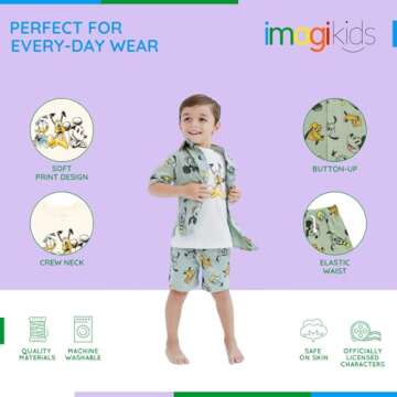 Disney Mickey Mouse Toddler Boys Cotton Gauze Button Down Shirt, T-Shirt and Shorts 3 Piece Set Green/White 4T