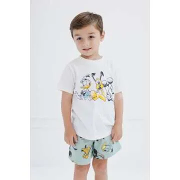 Disney Mickey Mouse Toddler Boys Cotton Gauze Button Down Shirt, T-Shirt and Shorts 3 Piece Set Green/White 4T