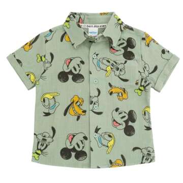 Disney Mickey Mouse Toddler Boys Cotton Gauze Button Down Shirt, T-Shirt and Shorts 3 Piece Set Green/White 4T