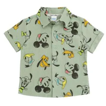 Disney Mickey Mouse Toddler Boys Cotton Gauze Button Down Shirt, T-Shirt and Shorts 3 Piece Set Green/White 4T
