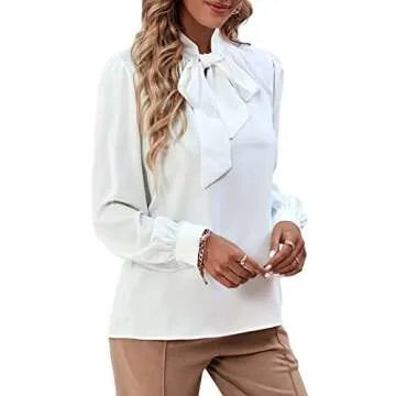 Rooscier Women's Bow Tie Neck Long Sleeve Buttton Cuff Chiffon Elegant Blouse White Medium