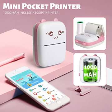 Mini Pocket Printer, Gifts for kids, Portable Thermal Printer for Pictures/Retro-Style Photos/Receipts/Notes/Lists/Label/ Memo/QR Codes, Bluetooth Wireless Smart Printer with Android or iOS APP (PINK)