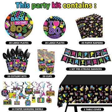 80s Theme Party Supplies Set for 20 Guests with Tableware