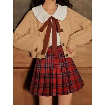 Women’s Pleated Skirt Plaid Skirt High Waist Uniform School Skirts Skater Tennis Skirt with Stretchy Band Red Plaid L