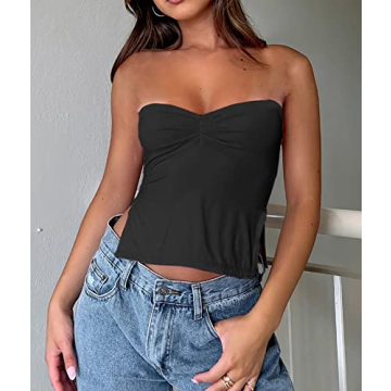 KIGRAD Women’s Y2K Pleated Bustier Strapless Sweetheart Bandeau Tube Crop Tank Summer Sleeveless Slit Going Out Crop Top Black
