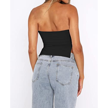KIGRAD Women’s Y2K Pleated Bustier Strapless Sweetheart Bandeau Tube Crop Tank Summer Sleeveless Slit Going Out Crop Top Black
