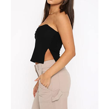KIGRAD Women’s Y2K Pleated Bustier Strapless Sweetheart Bandeau Tube Crop Tank Summer Sleeveless Slit Going Out Crop Top Black