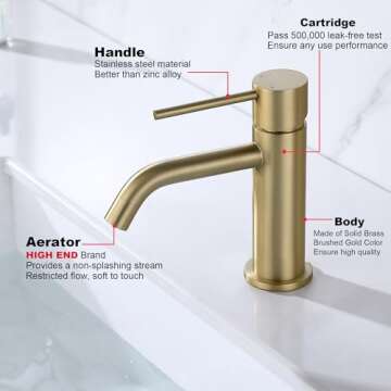 JXMMP Brushed Gold Bathroom Faucet, Single Handle Brass Sink Faucet Bathroom Single Hole with Pop Up...