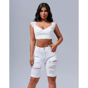 roswear Women's Ripped Denim Mid Rise Stretchy Bermuda Shorts Jeans White Large