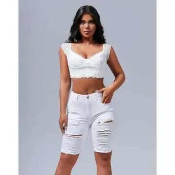 roswear Women's Ripped Denim Mid Rise Stretchy Bermuda Shorts Jeans White Large