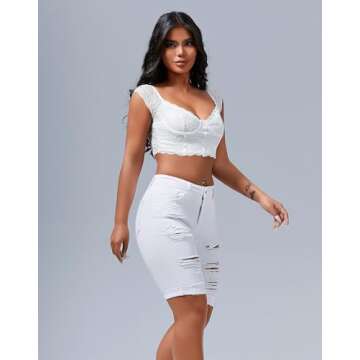 roswear Women's Ripped Denim Mid Rise Stretchy Bermuda Shorts Jeans White Large