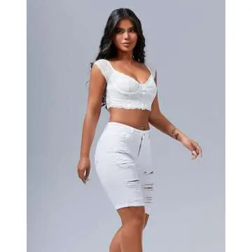 roswear Women's Ripped Denim Mid Rise Stretchy Bermuda Shorts Jeans White Large