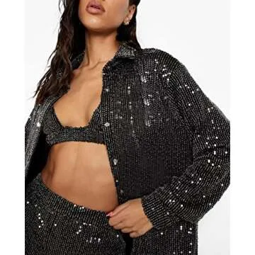 Seyumixi Women Sparkle Outfits Sequin Pants Elastic Waist Wide Leg Trousers Glitter Shiny Pants Bling Party Clubwear(Black Pants,S)