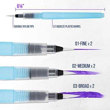 U.S. Art Supply 6-Piece Water Coloring Brush Pen Set of 6 (2 of each Sizes - 01, 02, 03) - Refillable, Watercolor, Calligraphy, Painting