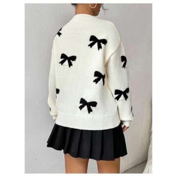 GORGLITTER Women's Bow Sweater Long Sleeve Crew Neck Vintage Y2k Knitted Sweater Apricot Large