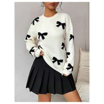 GORGLITTER Women's Bow Sweater Long Sleeve Crew Neck Vintage Y2k Knitted Sweater Apricot Large