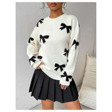 GORGLITTER Women's Bow Sweater Long Sleeve Crew Neck Vintage Y2k Knitted Sweater Apricot Large