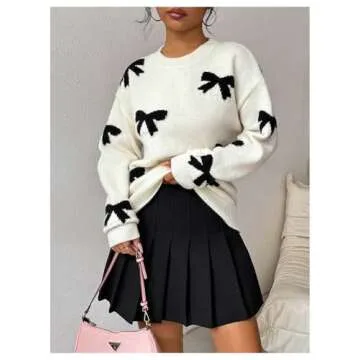 GORGLITTER Women's Bow Sweater Long Sleeve Crew Neck Vintage Y2k Knitted Sweater Apricot Large