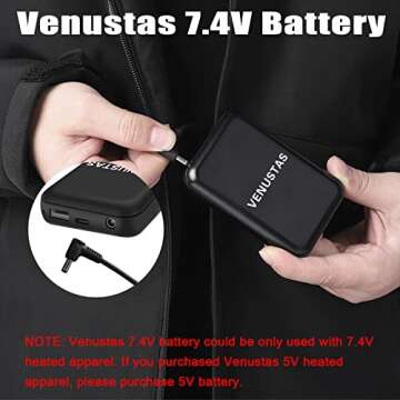 Venustas 7.4V Battery Pack Rechargeable Battery 5000mAh Portable Charger for Heated Jackets, Heated Hoodies and Heated Vests