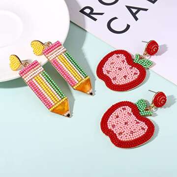 Handmade Teacher Earrings Set | Beaded Pencil & Apple Designs for Appreciation Gifts