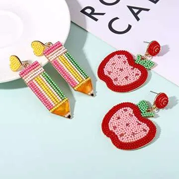 Handmade Teacher Earrings Set | Beaded Pencil & Apple Designs for Appreciation Gifts