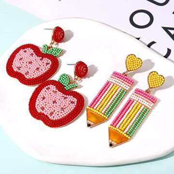 Beaded Teacher Earrings - Fun Pencil Apple Book Design