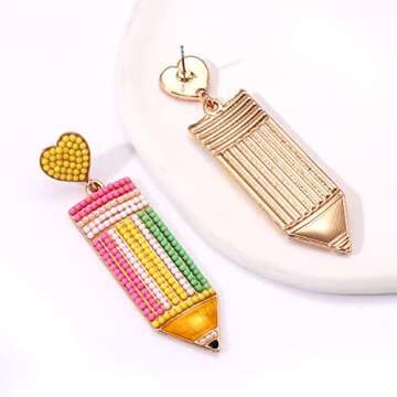 Beaded Teacher Earrings - Fun Pencil Apple Book Design