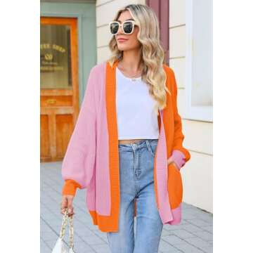 Women's Colorblock Cardigan Long Sleeve Open Front Ribbed Knit Oversized Cardigans Sweaters with Pockets Orange L