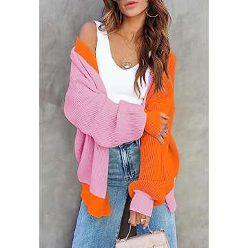 Women's Colorblock Cardigan Long Sleeve Open Front Ribbed Knit Oversized Cardigans Sweaters with Pockets Orange L