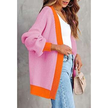 Women's Colorblock Cardigan Long Sleeve Open Front Ribbed Knit Oversized Cardigans Sweaters with Pockets Orange L