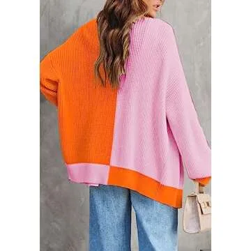 Women's Colorblock Cardigan Long Sleeve Open Front Ribbed Knit Oversized Cardigans Sweaters with Pockets Orange L