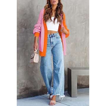 Women's Colorblock Cardigan Long Sleeve Open Front Ribbed Knit Oversized Cardigans Sweaters with Pockets Orange L