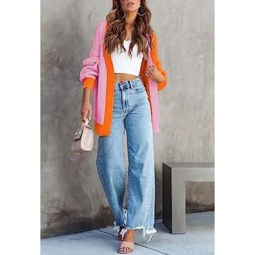 Women's Colorblock Cardigan Long Sleeve Open Front Ribbed Knit Oversized Cardigans Sweaters with Pockets Orange L