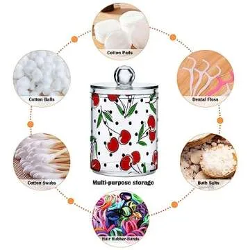 Jucciaco Cherry Fruits Polka Dots Canisters with Lids for Bathroom Vanity, Clear Plastic Jars Set of 2 for Cotton Balls, Cotton Pads, Qtips 4.13 x 2.75 inch