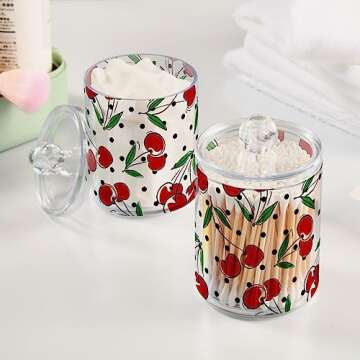 Jucciaco Cherry Fruits Polka Dots Canisters with Lids for Bathroom Vanity, Clear Plastic Jars Set of 2 for Cotton Balls, Cotton Pads, Qtips 4.13 x 2.75 inch