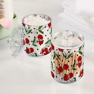 Jucciaco Cherry Fruits Polka Dots Canisters with Lids for Bathroom Vanity, Clear Plastic Jars Set of 2 for Cotton Balls, Cotton Pads, Qtips 4.13 x 2.75 inch