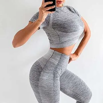 FeelinGirl Women's Workout Outfits 2 Pieces High Waist Tummy Control Yoga Leggings with Short Sleeve Crop Top Grey L