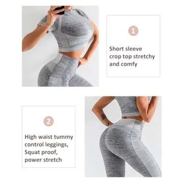 FeelinGirl Women's Workout Outfits 2 Pieces High Waist Tummy Control Yoga Leggings with Short Sleeve Crop Top Grey L