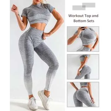 FeelinGirl Women's Workout Outfits 2 Pieces High Waist Tummy Control Yoga Leggings with Short Sleeve Crop Top Grey L