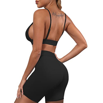Ekaliy Women's Ribbed Crop Tank High Waist Yoga Shorts Set