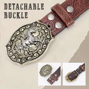 SANSTHS Cowboy Belts for Men Women Western Buckle Belt Cowboy Cowgirl Embossed Leather Belt for Jeans Christmas Gifts Belt