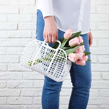 BABANA Jelly Bags - Reusable Gift Basket - Girls Beach Bag - Toddler, Kids Retro Jelly Purse - Halloween, Bridal Shower, Easter Basket (Small) - White